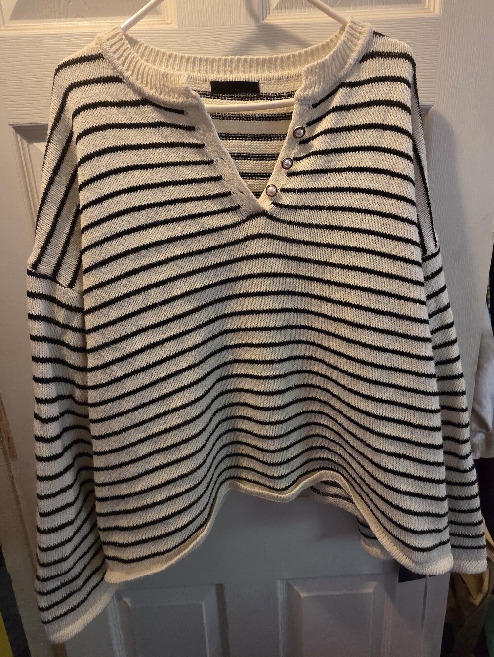Striped V-Neck Button Pullover Sweater - Black & Cream